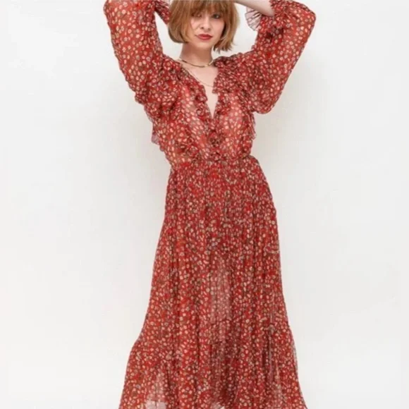 NWT DOEN MURIEL DRESS - XXS (roughly size 0-2) Red Print - Silk - Picture 1 of 12